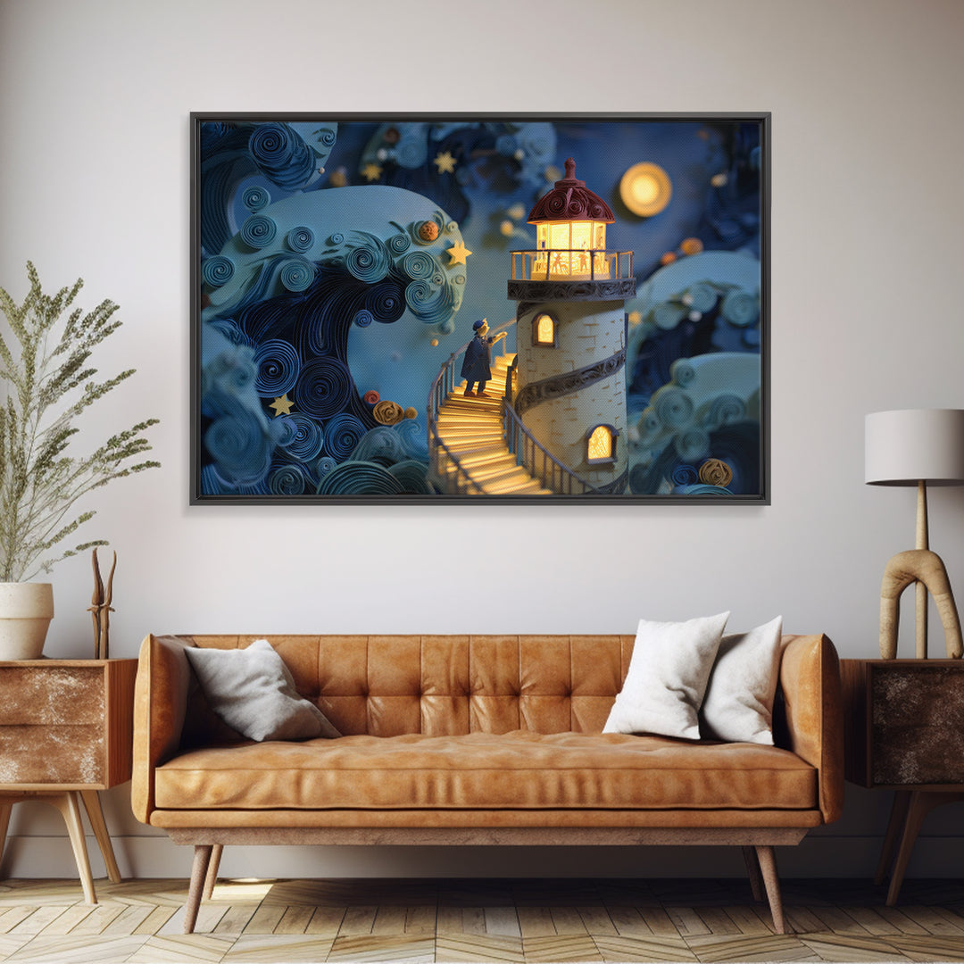 The Last Lighthouse Of Y’Ha-Nthlei, Quilled Halloween Art, Landscape Wall Art, Framed Canvas Print, Cute Halloween Wall Art