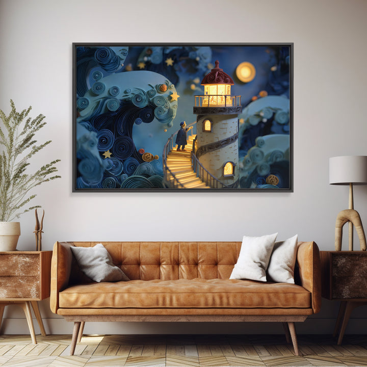 The Last Lighthouse Of Y’Ha-Nthlei, Quilled Halloween Art, Landscape Wall Art, Framed Canvas Print, Cute Halloween Wall Art