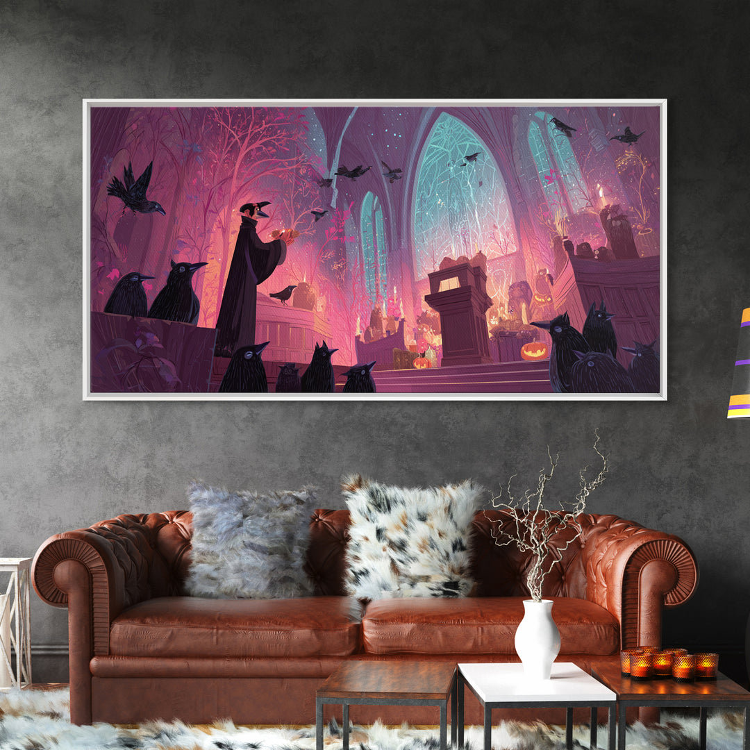 The Raven Sermon Of Leng, Vaporwave Halloween Art, Wide Panoramic Art, Framed Canvas Print, Cute Halloween Wall Art
