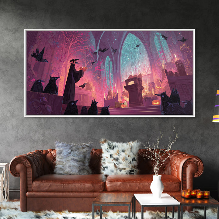 The Raven Sermon Of Leng, Vaporwave Halloween Art, Wide Panoramic Art, Framed Canvas Print, Cute Halloween Wall Art