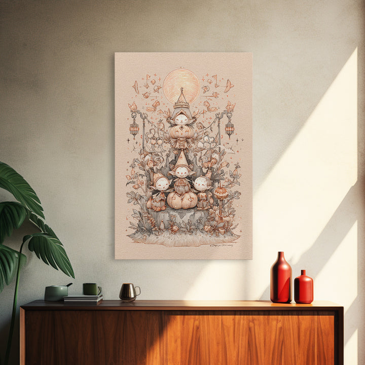 The Festival Of The Little Old Ones, Hand Sketch Halloween Art, Vertical Wall Art, Canvas Print, Cute Halloween Wall Art