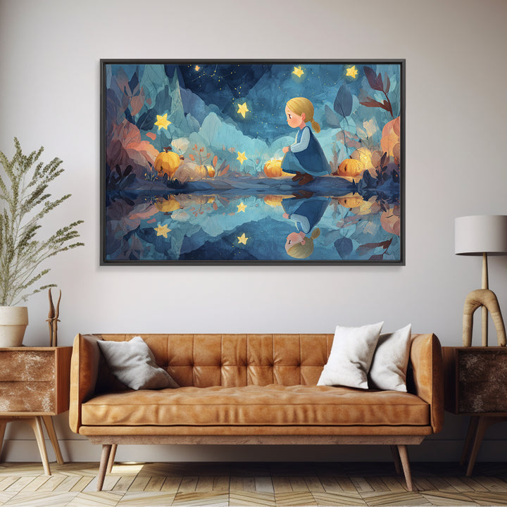 The Mirror Lake Of Lost Constellations, Watercolor Halloween Art, Landscape Wall Art, Framed Canvas Print, Cute Halloween Wall Art