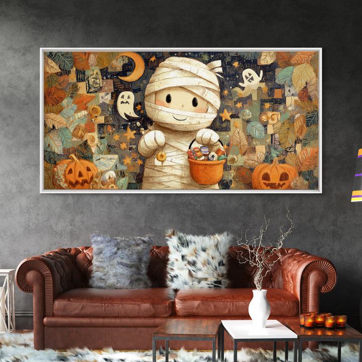 The Shy Little Mummy, Crayon Halloween Art, Wide Panoramic Art, Framed Canvas Print, Cute Halloween Wall Art