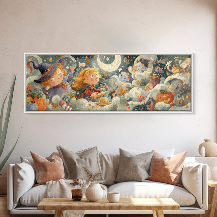 The Cookie Spellcaster, Pastel Halloween Art, Extra Wide Wall Art, Canvas Print, Cute Halloween Wall Art