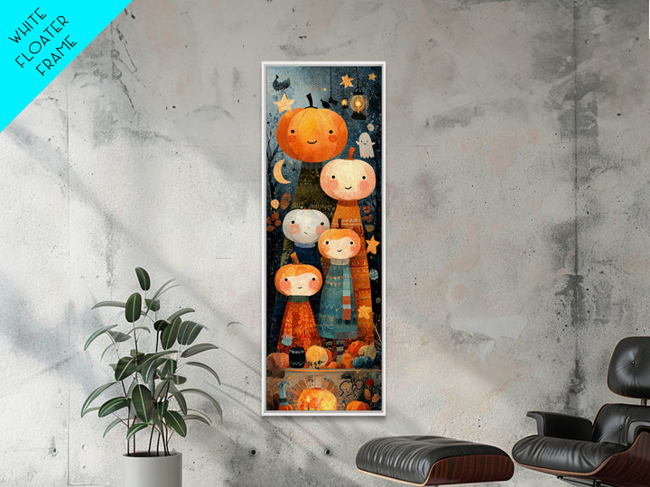 The Pumpkin Family Portrait, Paper Collage Halloween, Tall Narrow Wall Art, Framed Canvas Print, Cute Halloween Wall Art
