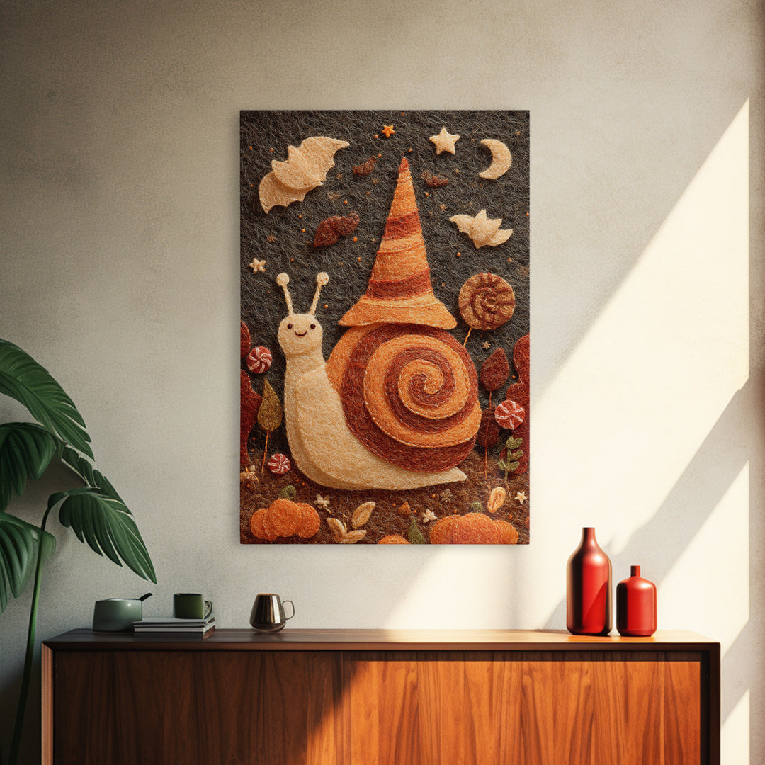 The Cinnamon-Roll Snail Witch, Felt Halloween Art, Vertical Wall Art, Canvas Print, Cute Halloween Wall Art