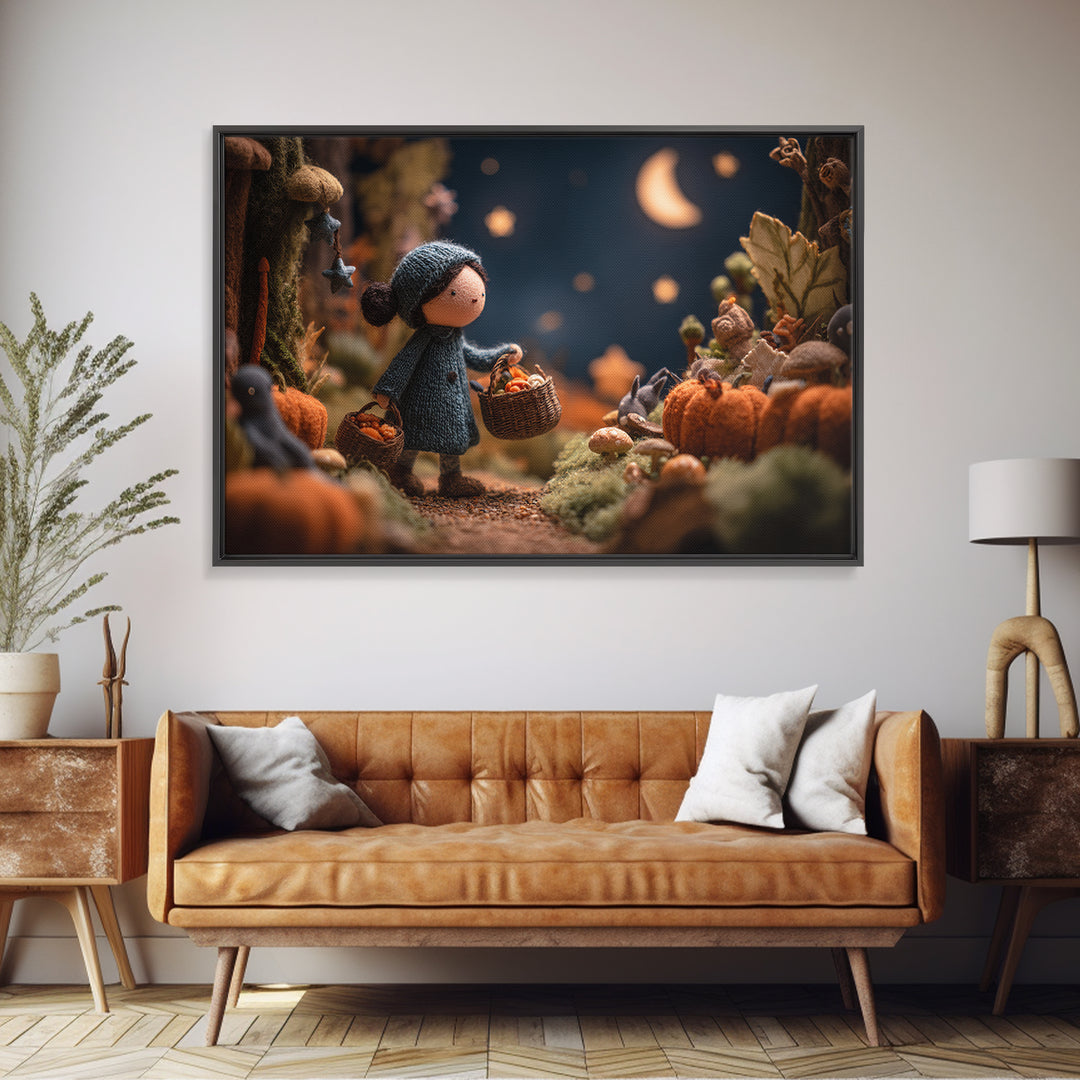 The Moonlit Scavenger Hunt, Clay Halloween Art, Landscape Wall Art, Framed Canvas Print, Cute Halloween Wall Art