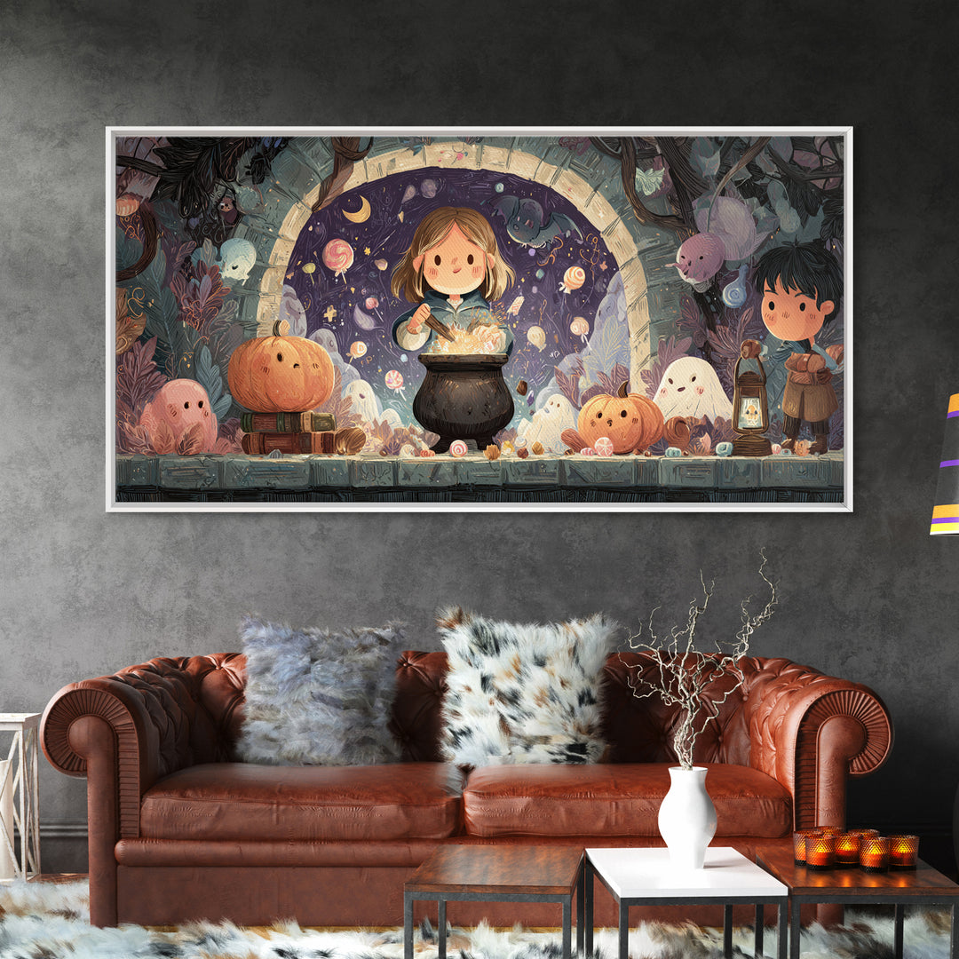 The Dreamwell Beneath Miskatonic, Kawaii Halloween Art, Wide Panoramic Art, Framed Canvas Print, Cute Halloween Wall Art