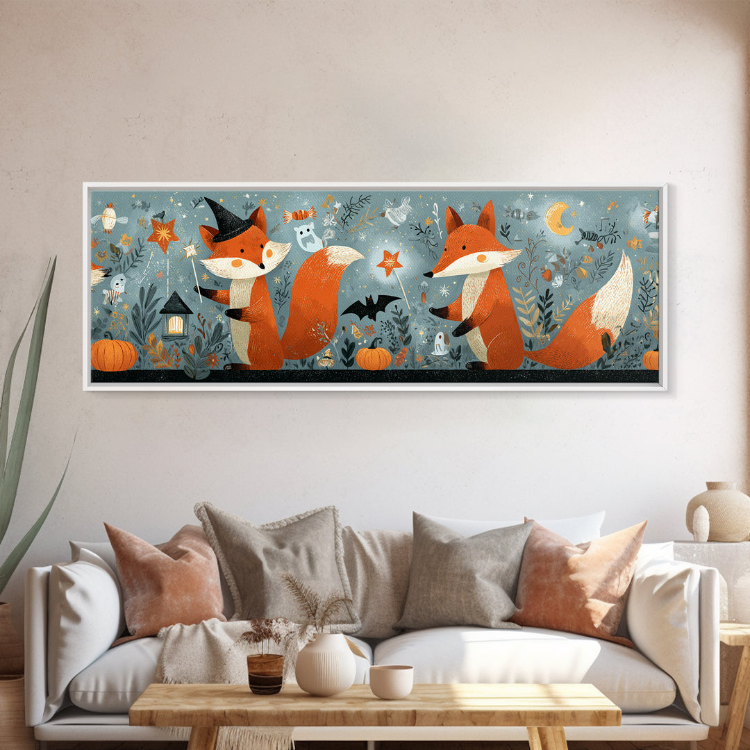 The Fox Wizard, Retro Halloween Art, Extra Wide Wall Art, Canvas Print, Cute Halloween Wall Art, Cozy Autumn Kids Decor