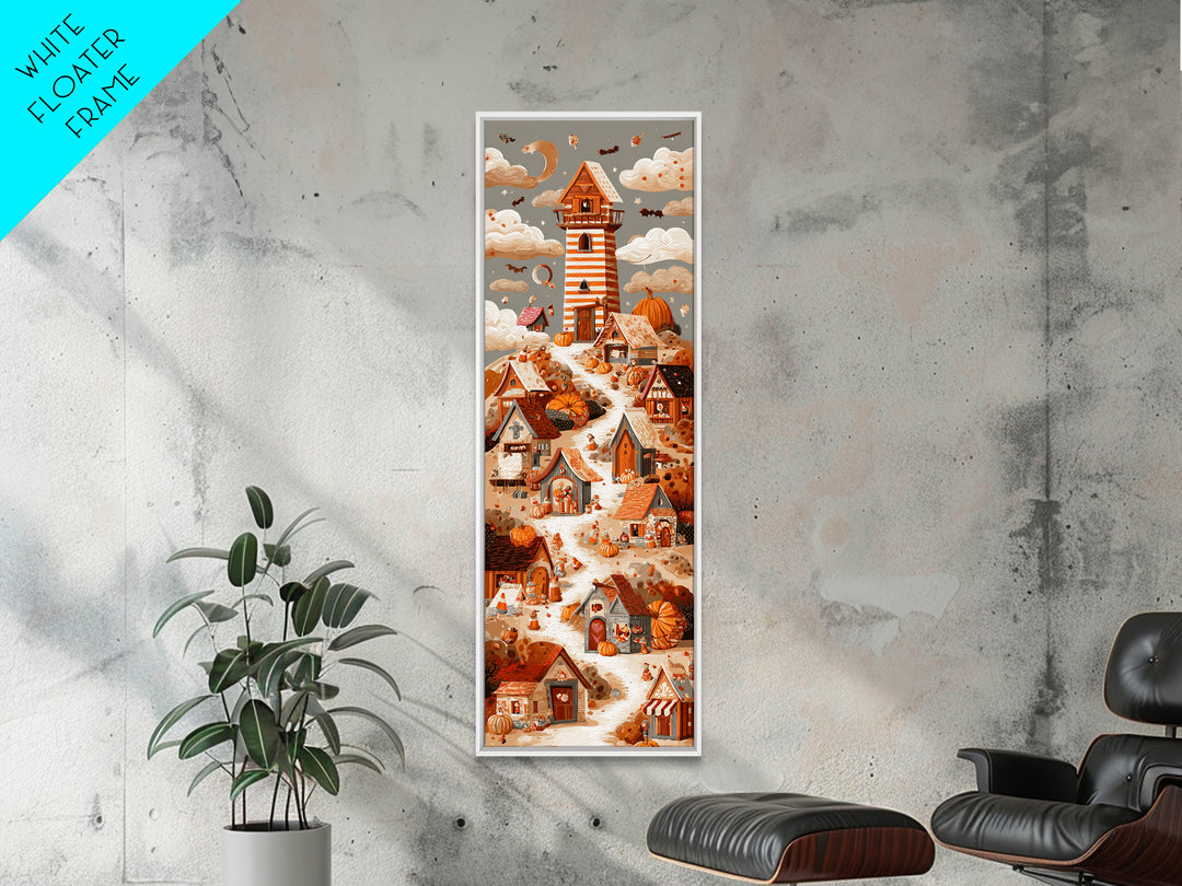 Candy Corn Village, Screenprint Halloween Art, Tall Narrow Wall Art, Framed Canvas Print, Cute Halloween Wall Art