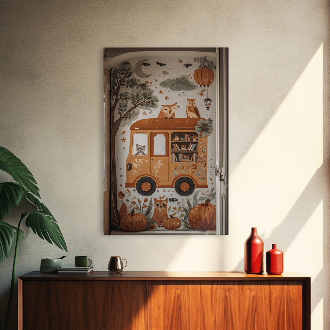 The Pumpkin Bookmobile, Folk Halloween Art, Vertical Wall Art, Canvas Print, Cute Halloween Wall Art