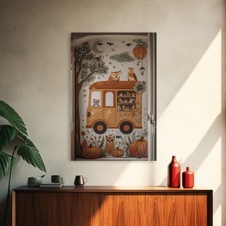 The Pumpkin Bookmobile, Folk Halloween Art, Vertical Wall Art, Canvas Print, Cute Halloween Wall Art