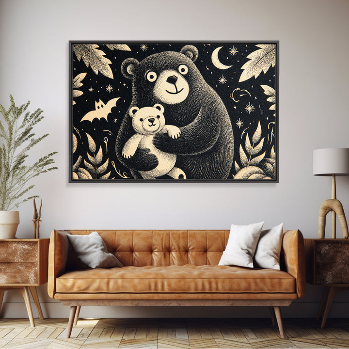 The Three-Eyed Teddy Monster, Linocut Halloween Art, Landscape Wall Art, Framed Canvas Print, Cute Halloween Wall Art