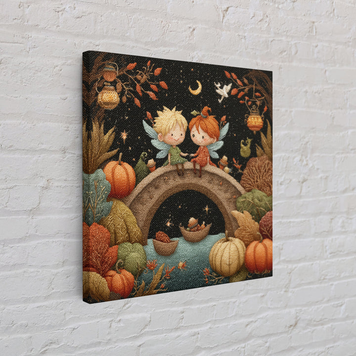 The Autumn Fairy Bridge, Embroidered Halloween Art, Square Wall Art, Canvas Print, Cute Halloween Wall Art