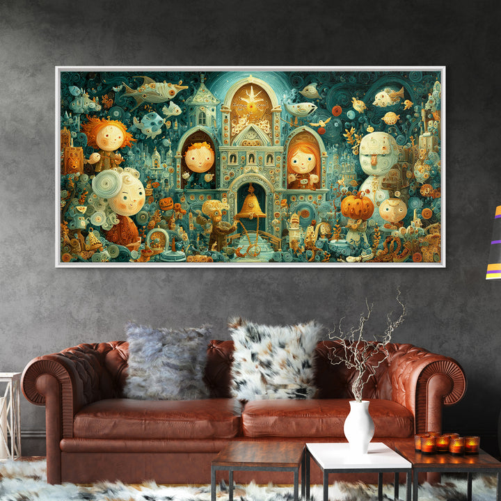 The Bellringer Of The Sunken Cathedral, Quilled Halloween Art, Wide Panoramic Art, Framed Canvas Print, Cute Halloween Wall Art