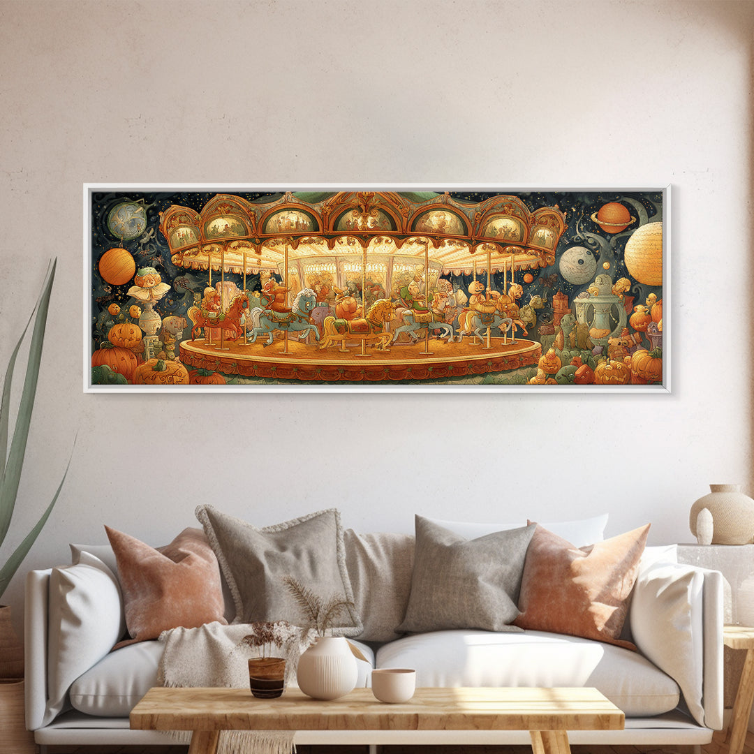 The Carousel Of Sleeping Planets, Stained Glass Halloween, Extra Wide Wall Art, Canvas Print, Cute Halloween Wall Art