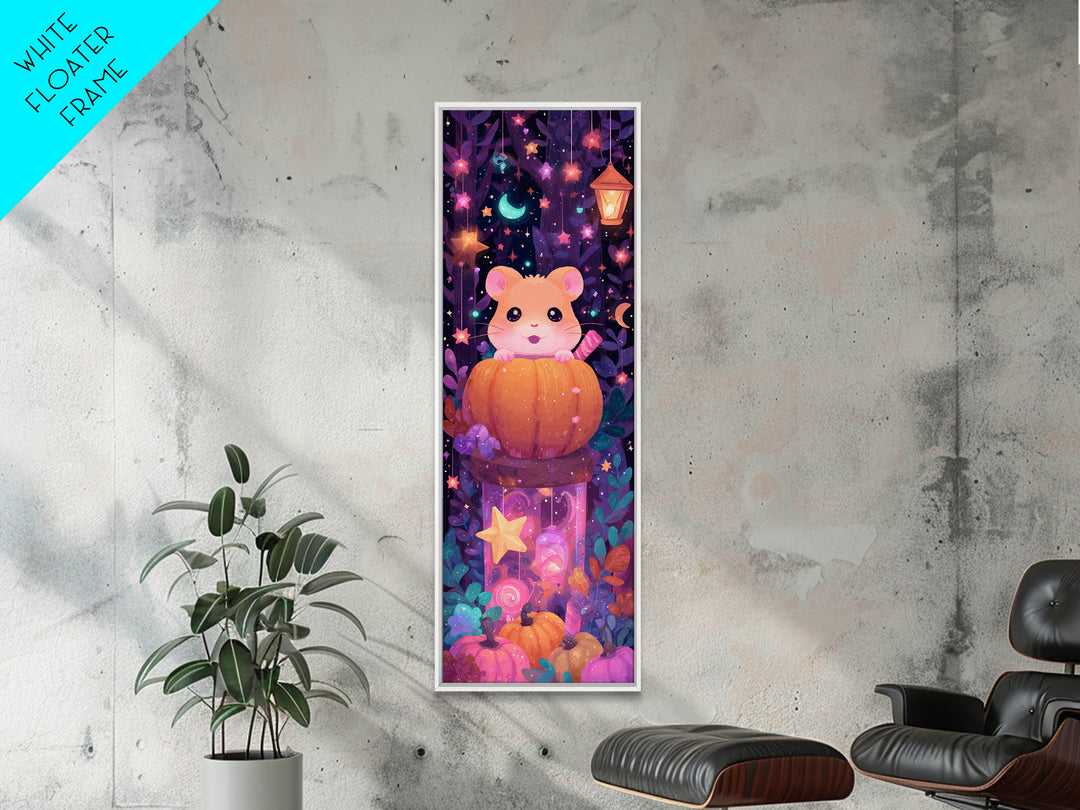 The Pumpkin Hamster, Vaporwave Halloween Art, Tall Narrow Wall Art, Framed Canvas Print, Cute Halloween Wall Art