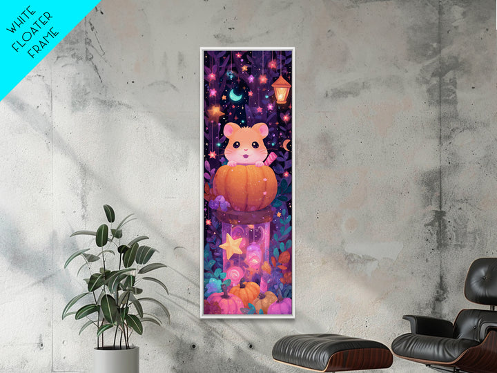 The Pumpkin Hamster, Vaporwave Halloween Art, Tall Narrow Wall Art, Framed Canvas Print, Cute Halloween Wall Art