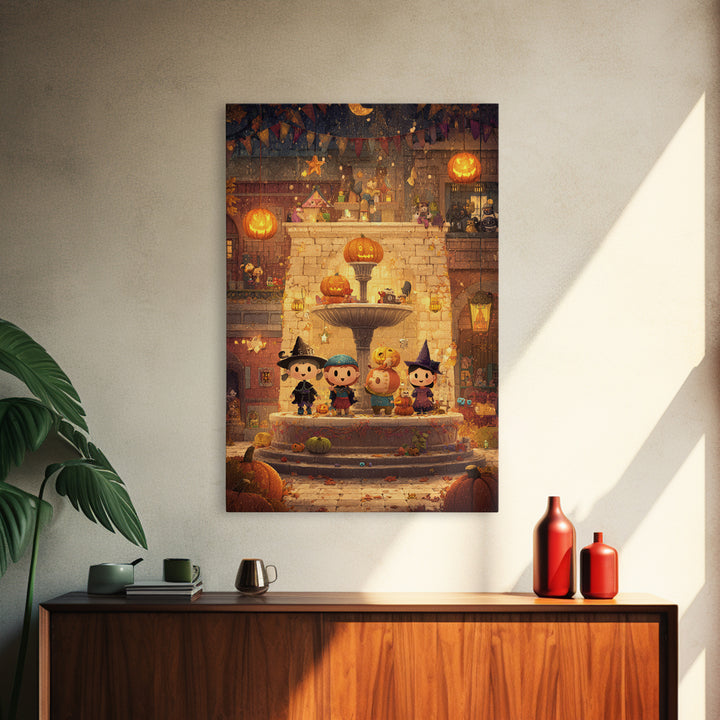 The Trick-Or-Treat Village Square, Pixel Halloween Art, Vertical Wall Art, Canvas Print, Cute Halloween Wall Art