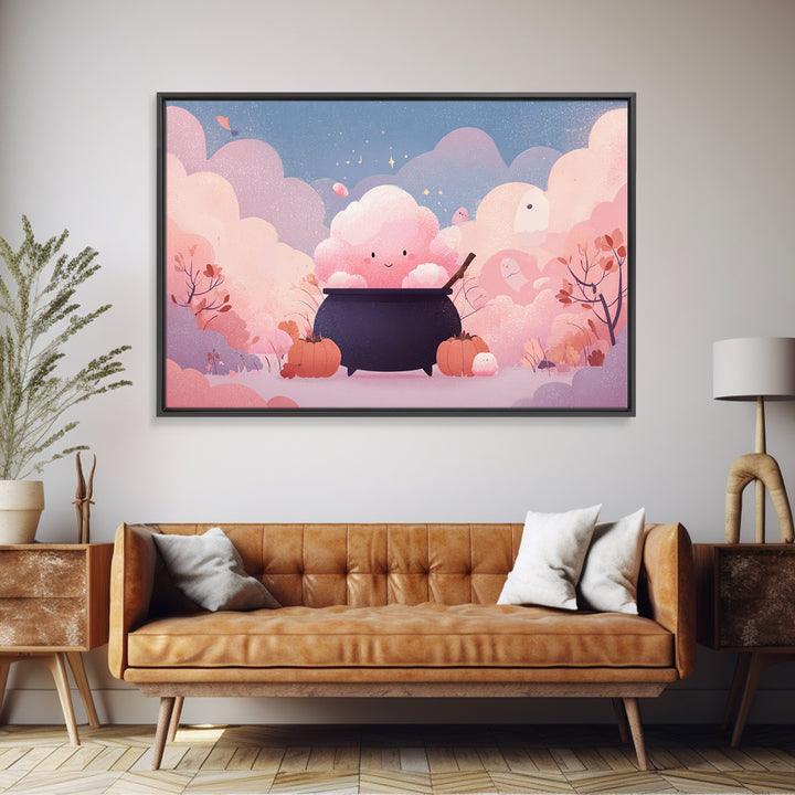 The Cotton-Candy Cauldron, Vector Halloween Art, Landscape Wall Art, Framed Canvas Print, Cute Halloween Wall Art