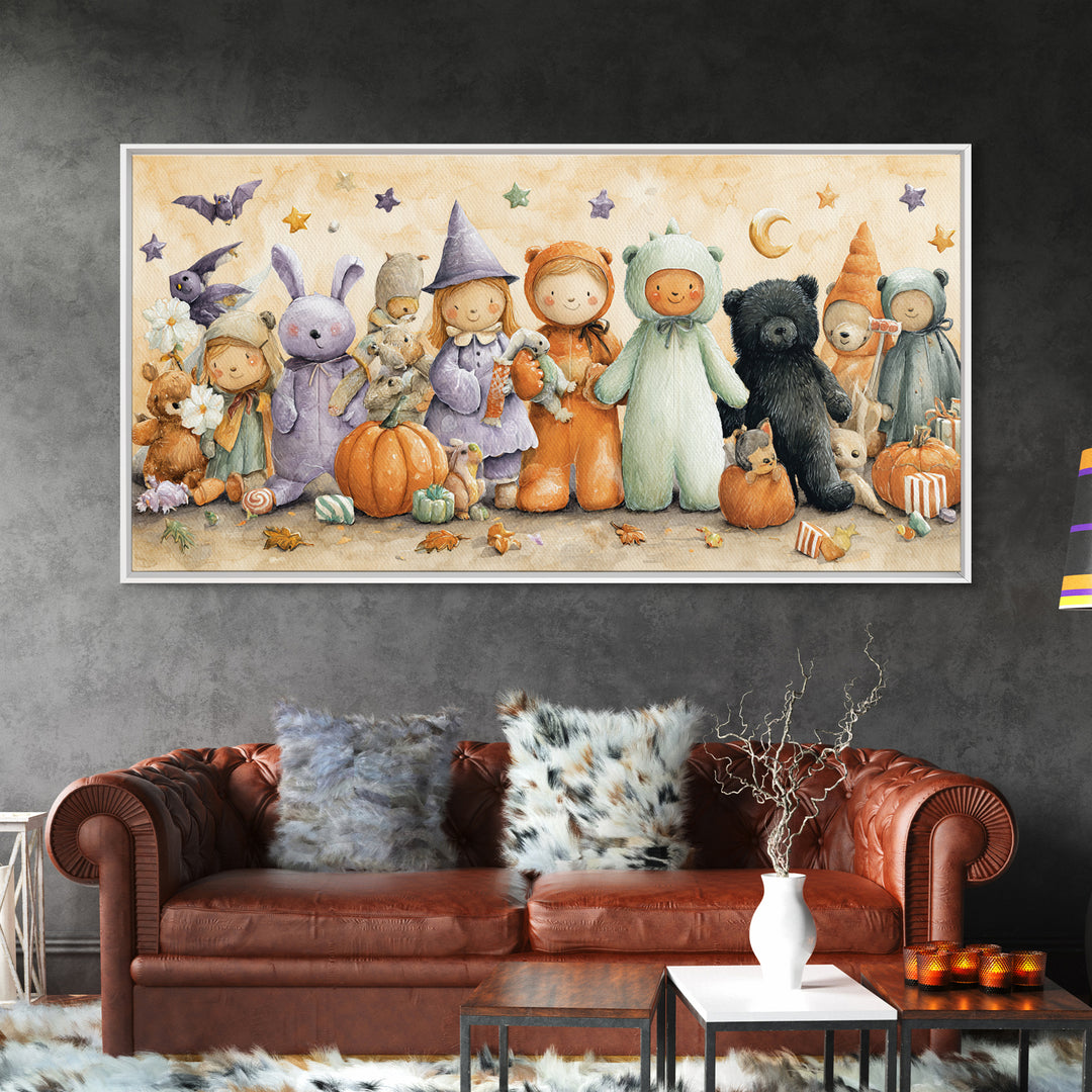 The Halloween Toy Kingdom, Watercolor Halloween Art, Wide Panoramic Art, Framed Canvas Print, Cute Halloween Wall Art