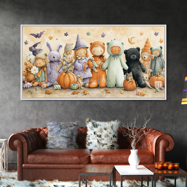 The Halloween Toy Kingdom, Watercolor Halloween Art, Wide Panoramic Art, Framed Canvas Print, Cute Halloween Wall Art