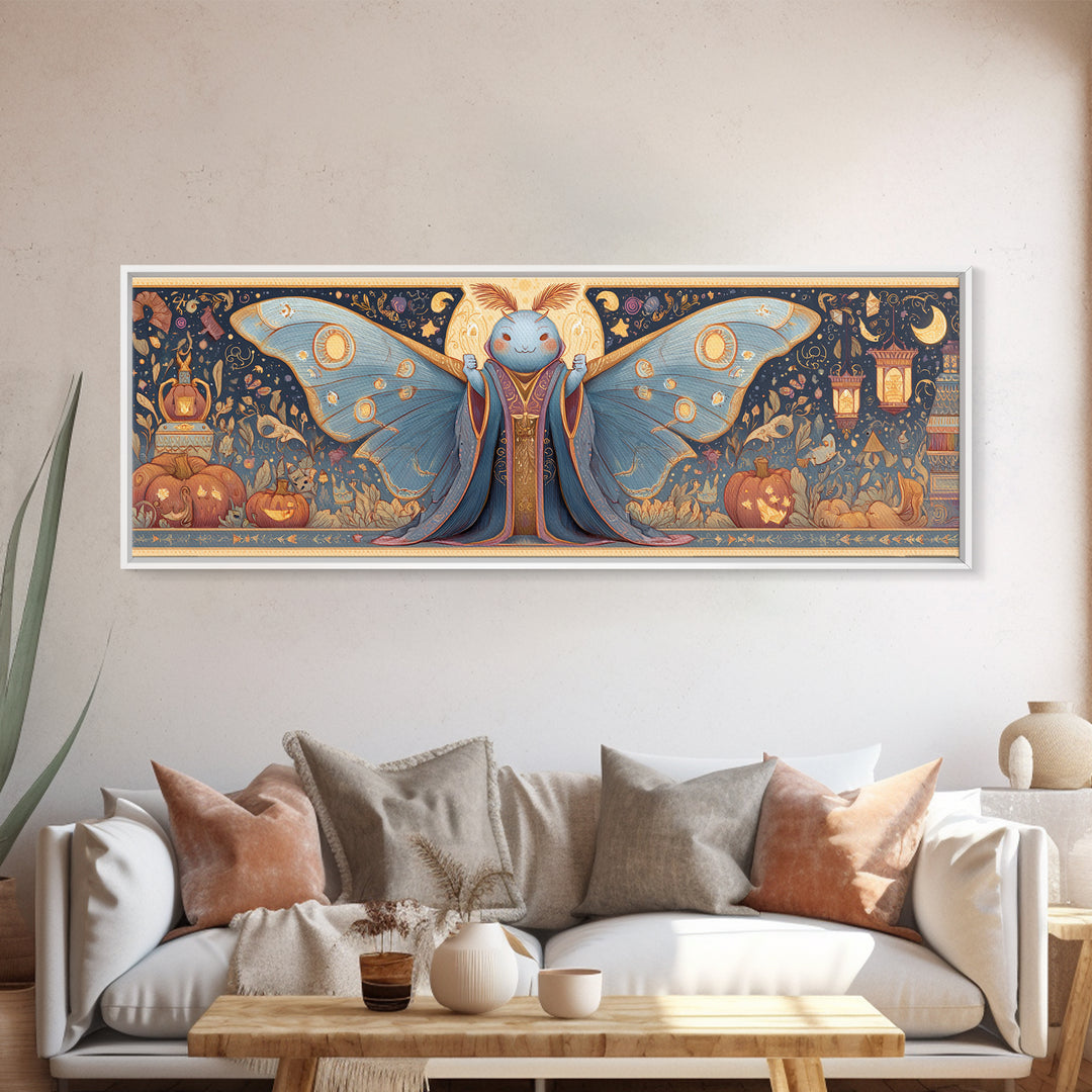 The Moth Prophet Of Kadath, Gouache Halloween Art, Extra Wide Wall Art, Canvas Print, Cute Halloween Wall Art