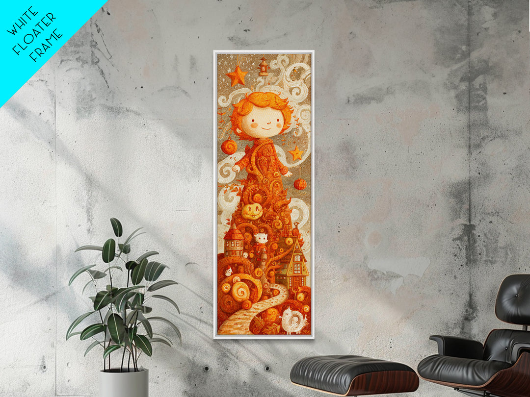 The Autumn Leaf Sprite, Crayon Halloween Art, Tall Narrow Wall Art, Framed Canvas Print, Cute Halloween Wall Art