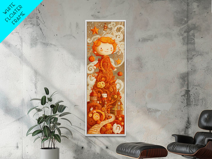 The Autumn Leaf Sprite, Crayon Halloween Art, Tall Narrow Wall Art, Framed Canvas Print, Cute Halloween Wall Art