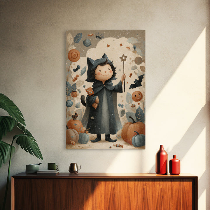 The Costume-Changing Wand, Pastel Halloween Art, Vertical Wall Art, Canvas Print, Cute Halloween Wall Art