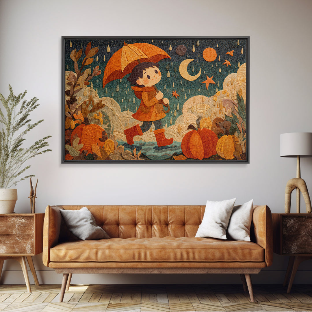 The Pumpkin Umbrella, Paper Collage Halloween, Landscape Wall Art, Framed Canvas Print, Cute Halloween Wall Art, Storybook Decor