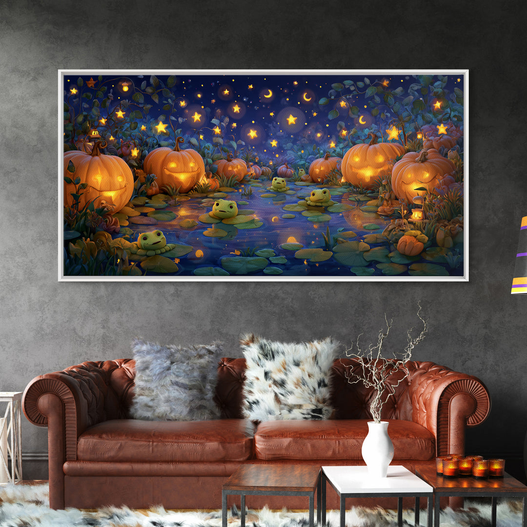 The Star-Filled Pumpkin Pond, Clay Halloween Art, Wide Panoramic Art, Framed Canvas Print, Cute Halloween Wall Art