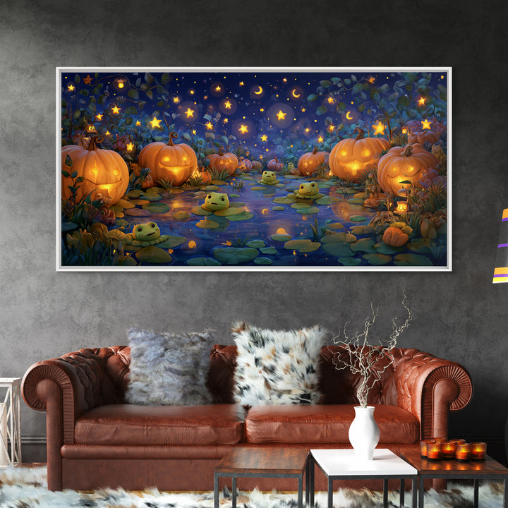 The Star-Filled Pumpkin Pond, Clay Halloween Art, Wide Panoramic Art, Framed Canvas Print, Cute Halloween Wall Art