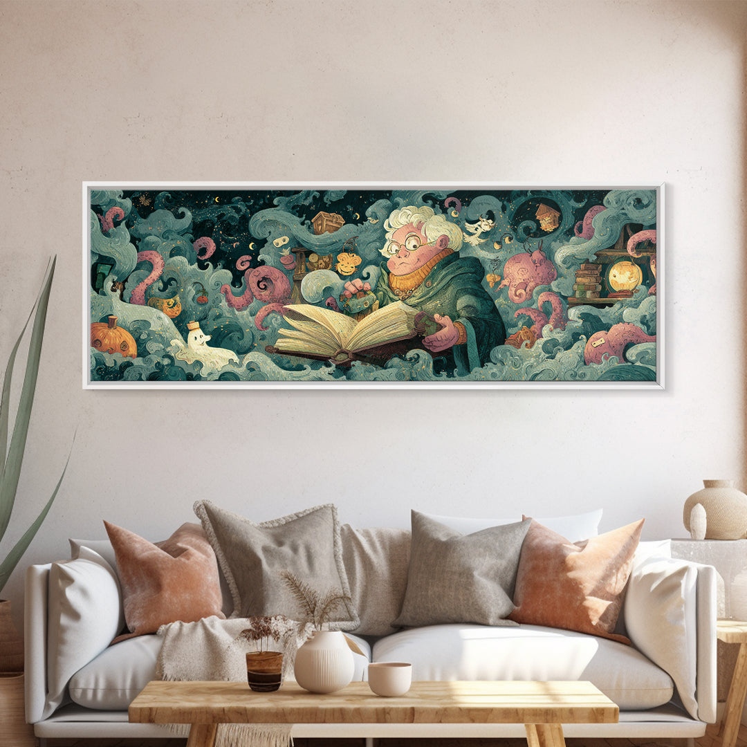 The Librarian Of Forbidden Tides, Plush Halloween Art, Extra Wide Wall Art, Canvas Print, Cute Halloween Wall Art
