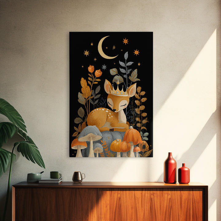 The Moon Princess Deer, Retro Halloween Art, Vertical Wall Art, Canvas Print, Cute Halloween Wall Art