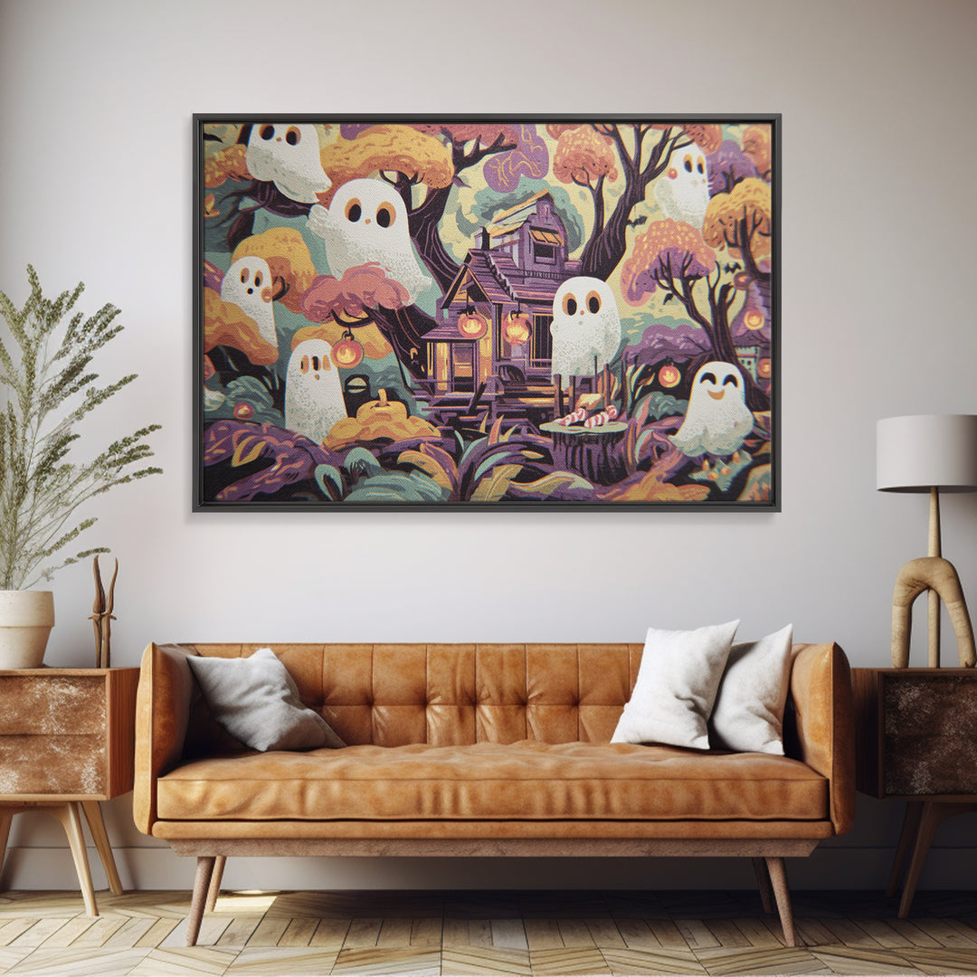 The Ghostly Treehouse, Screenprint Halloween Art, Landscape Wall Art, Framed Canvas Print, Cute Halloween Wall Art