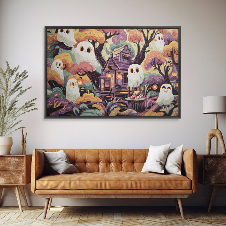 The Ghostly Treehouse, Screenprint Halloween Art, Landscape Wall Art, Framed Canvas Print, Cute Halloween Wall Art