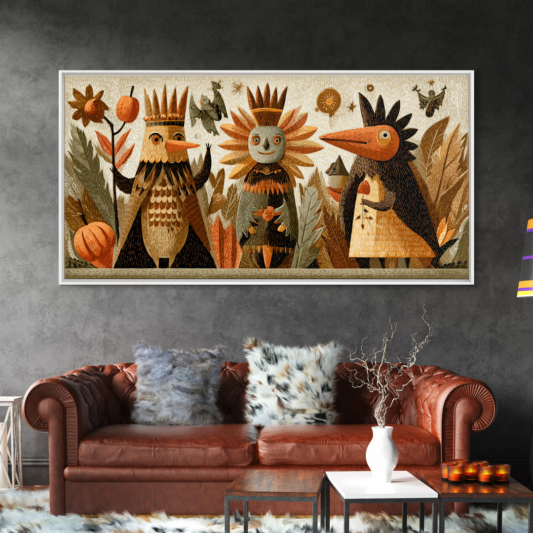 The Autumn Leaf Costume Contest, Linocut Halloween Art, Wide Panoramic Art, Framed Canvas Print, Cute Halloween Wall Art