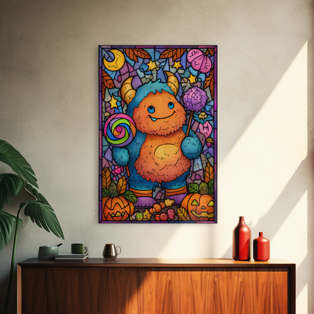 The Rainbow Monster, Stained Glass Halloween, Vertical Wall Art, Canvas Print, Cute Halloween Wall Art
