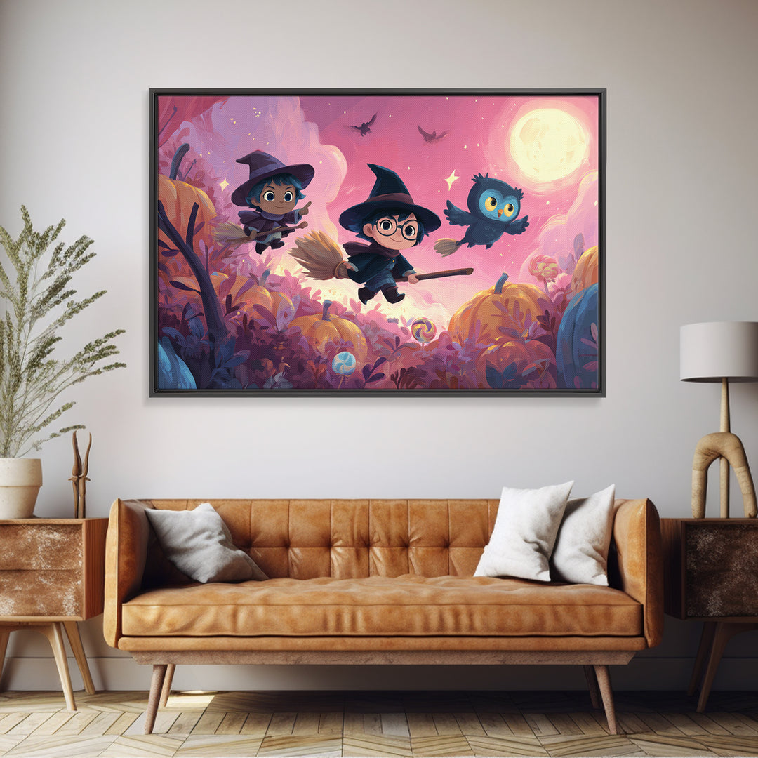 The Broomstick Riding Lesson, Vaporwave Halloween Art, Landscape Wall Art, Framed Canvas Print, Cute Halloween Wall Art