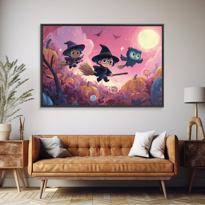 The Broomstick Riding Lesson, Vaporwave Halloween Art, Landscape Wall Art, Framed Canvas Print, Cute Halloween Wall Art