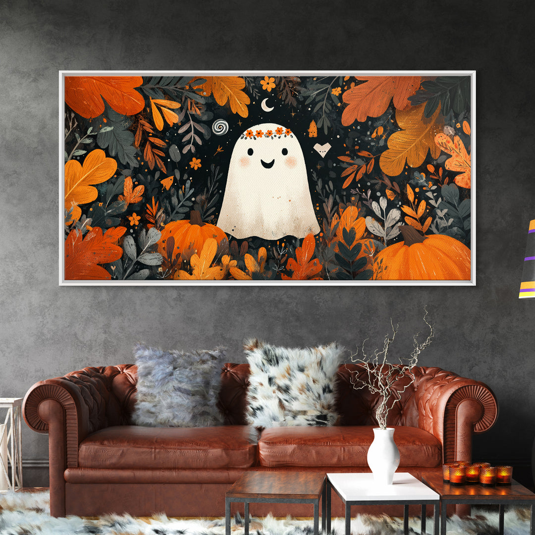 The Ghost With A Flower Crown, Vector Halloween Art, Wide Panoramic Art, Framed Canvas Print, Cute Halloween Wall Art