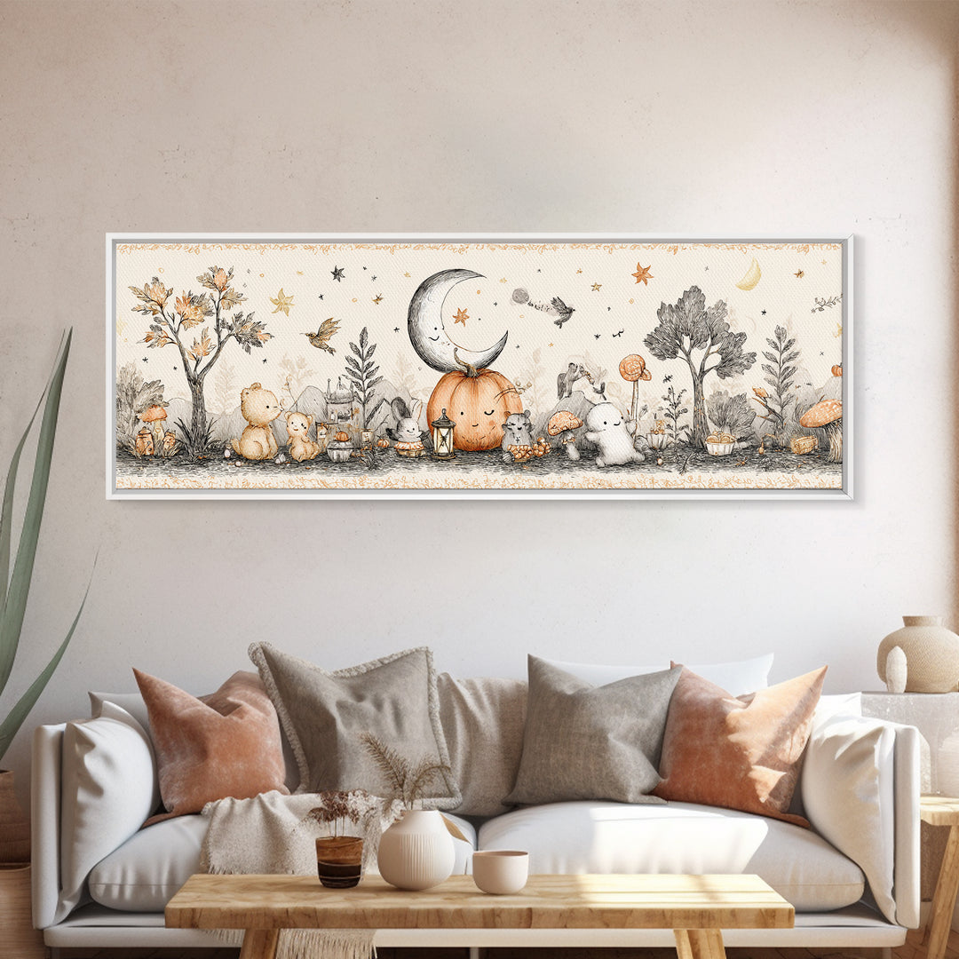 The Smiling Moon Meadow, Hand Sketch Halloween Art, Extra Wide Wall Art, Canvas Print, Cute Halloween Wall Art