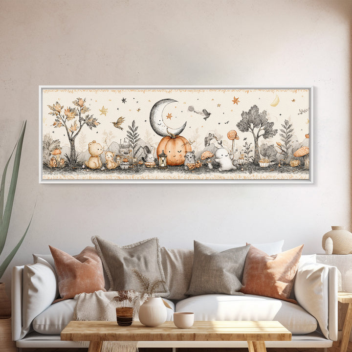 The Smiling Moon Meadow, Hand Sketch Halloween Art, Extra Wide Wall Art, Canvas Print, Cute Halloween Wall Art