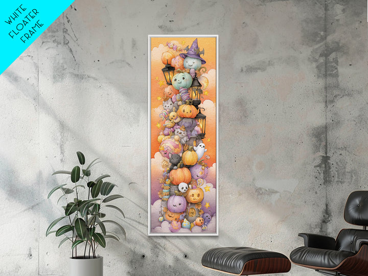 The Festival Of Friendly Frights, Watercolor Halloween Art, Tall Narrow Wall Art, Framed Canvas Print, Cute Halloween Wall Art