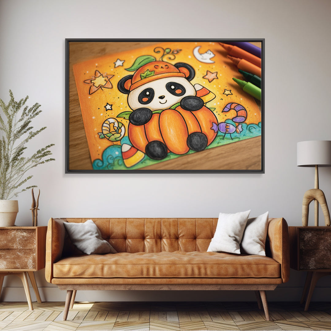 The Panda Pumpkin, Crayon Halloween Art, Landscape Wall Art, Framed Canvas Print, Cute Halloween Wall Art