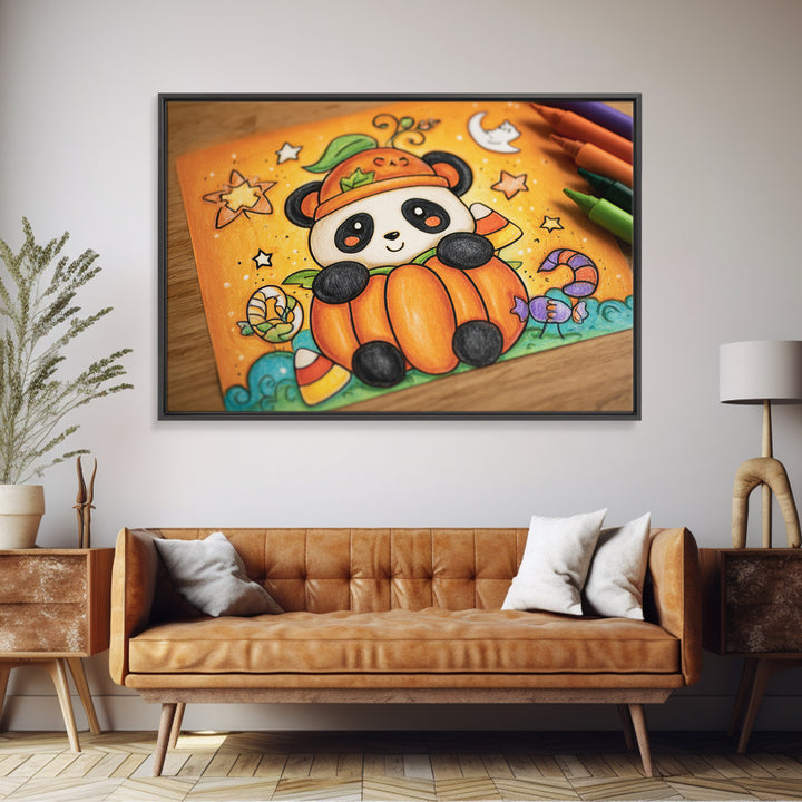 The Panda Pumpkin, Crayon Halloween Art, Landscape Wall Art, Framed Canvas Print, Cute Halloween Wall Art
