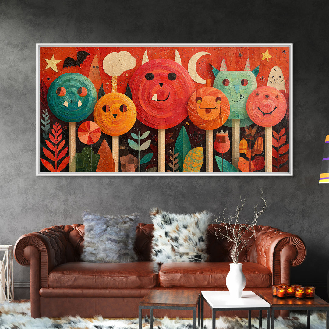 The Friendly Lollipop Monsters, Paper Collage Halloween, Wide Panoramic Art, Framed Canvas Print, Cute Halloween Wall Art