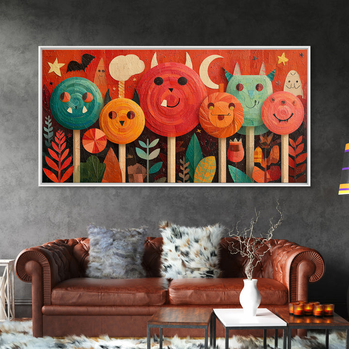 The Friendly Lollipop Monsters, Paper Collage Halloween, Wide Panoramic Art, Framed Canvas Print, Cute Halloween Wall Art