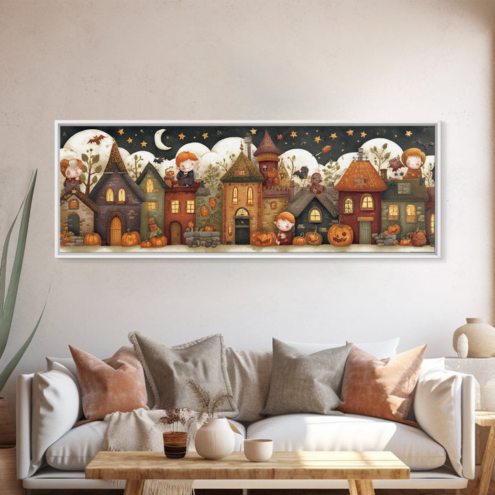 The Trick-Or-Treat Treasure Hunt, Felt Halloween Art, Extra Wide Wall Art, Canvas Print, Cute Halloween Wall Art